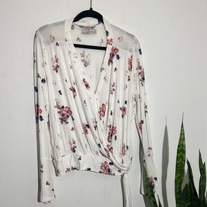 Free People Floral Wrap Blouse - White with Red and Blue